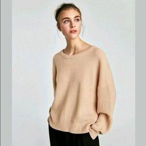 Zara Knit Pale Pink Sweater Ribbed Texture Bow Back Detail